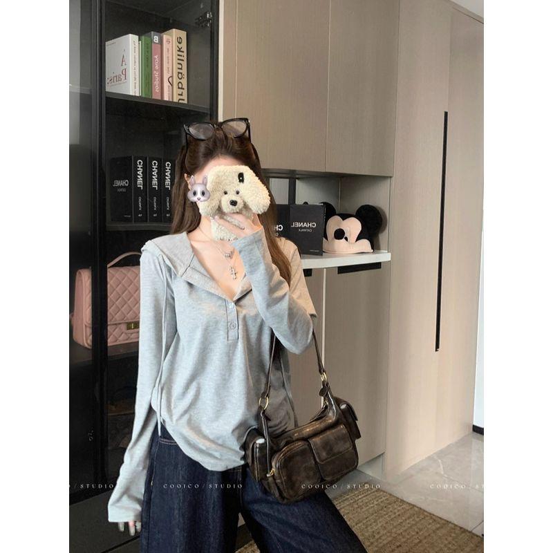 Kumikumi Idle Style Gray Hood Button Long sleeves Shirt Women Autumn Niche All-Match Loose Slimming Top