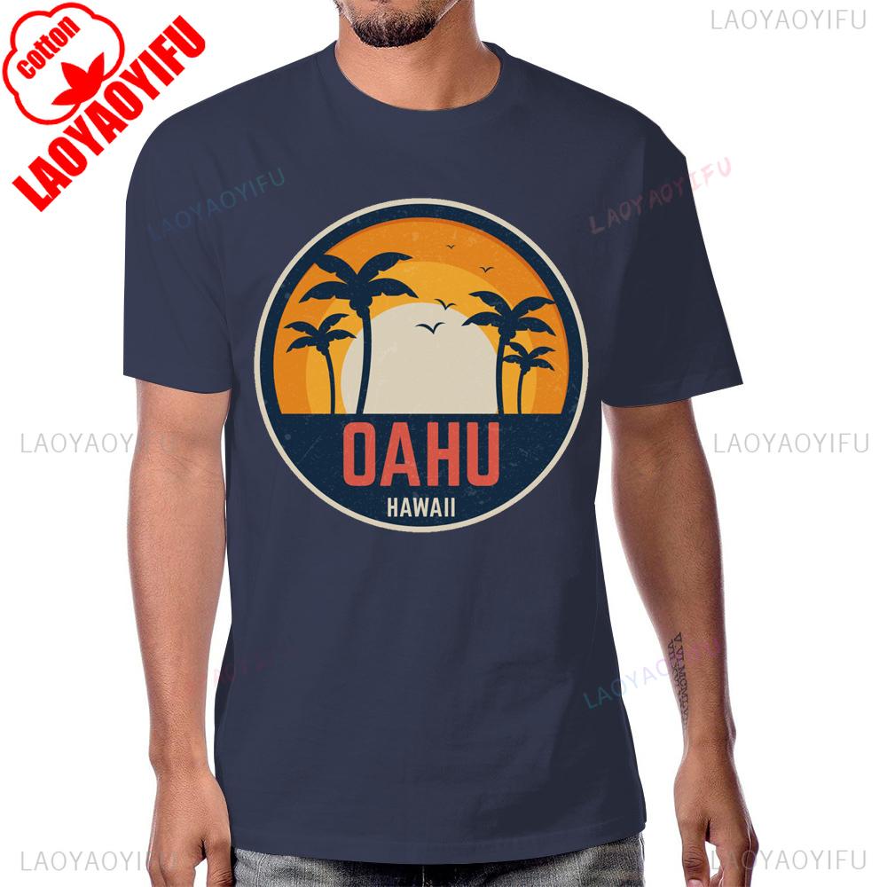 Coconut Tree Beach Sunset OAHU HAWAII Vintage Tshirt Summer Style Short Sleeve Man Tshirt Harajuku Breathe Comfort Cotton Tees
