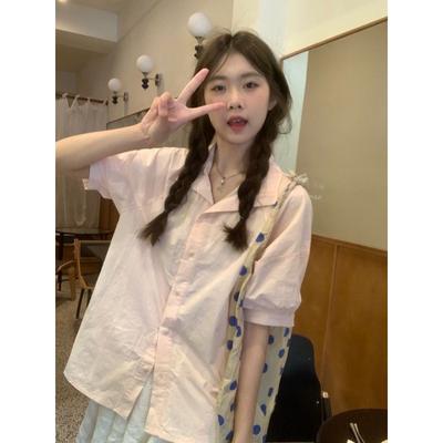 Summer New Pink Women's Short Sleeved Shirts Korean Sweet Simple Tops Casual Versatile Ladies Pullover Shirt