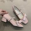 Gentle Fairy Wind Mary Jane Shoes 2025 Spring French Cherry Pink Pearl Bow Square Head Shallow Mouth High Heels