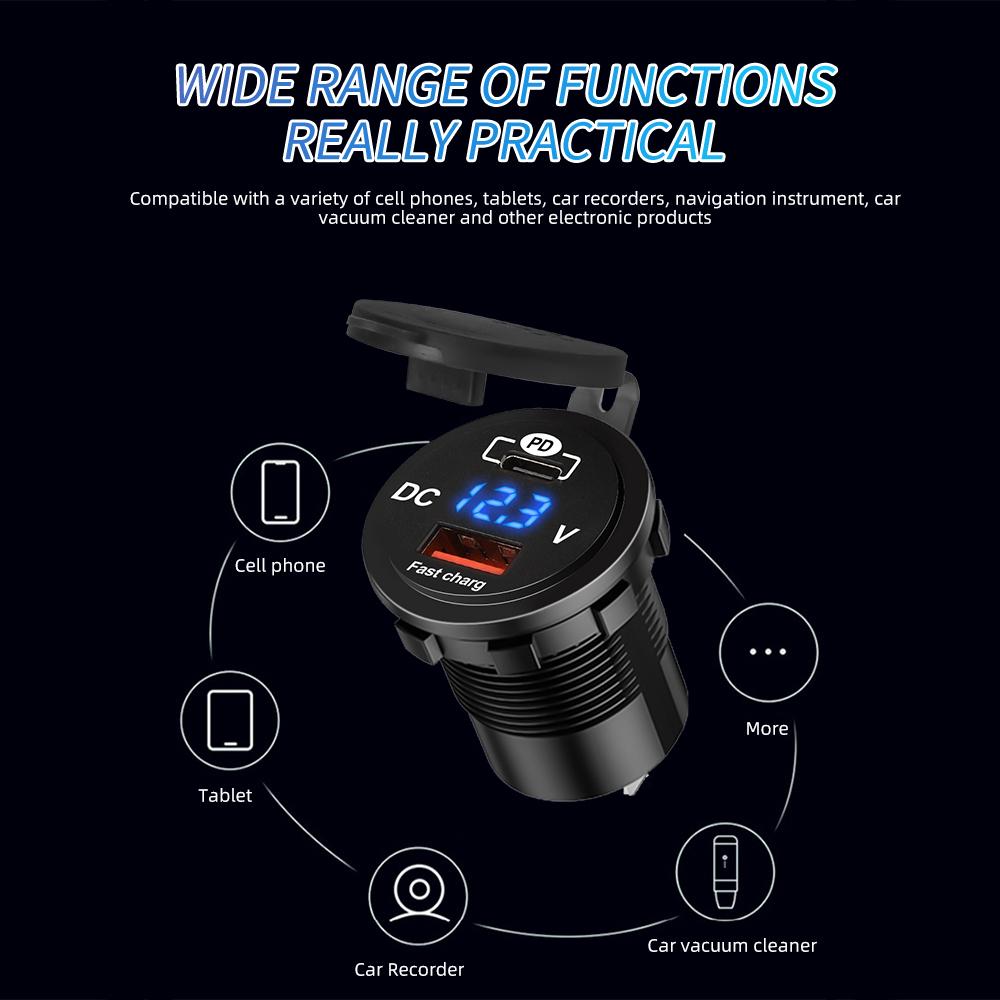 Car Charger PD QC3.0 Socket with Voltage Meter Quick Charge 3.0 Socket Power Outlet for 12V/24V Motorcycle Truck Boat RV Parts