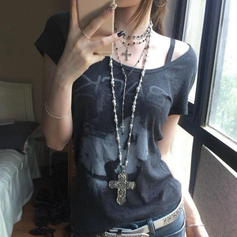 Girls Y2K Tees Black Retro T-shirts For Women Letters Thummy Control Long Style Party Tops