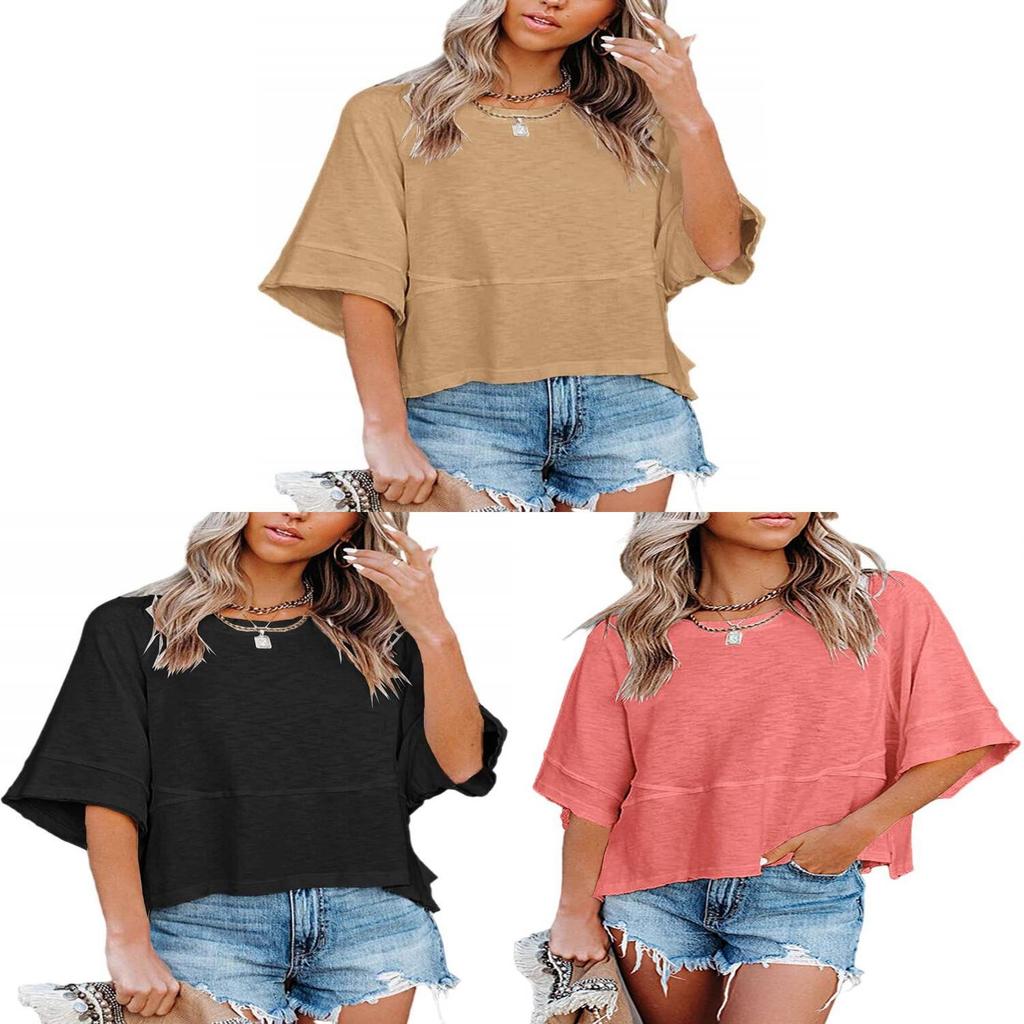 Casual Loose Fit T Shirt With Spliced Cotton Polyester Blend For Women
