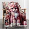 Charming Pink Rose & Cat Design Soft Microfiber Throw Blanket – Cozy for Bed, Sofa, Camping, Picnic & Winter Decor