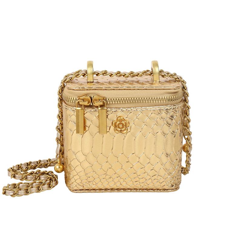 Fashion Crocodile Texture Women Casual Small Square Bag With Chain Golden