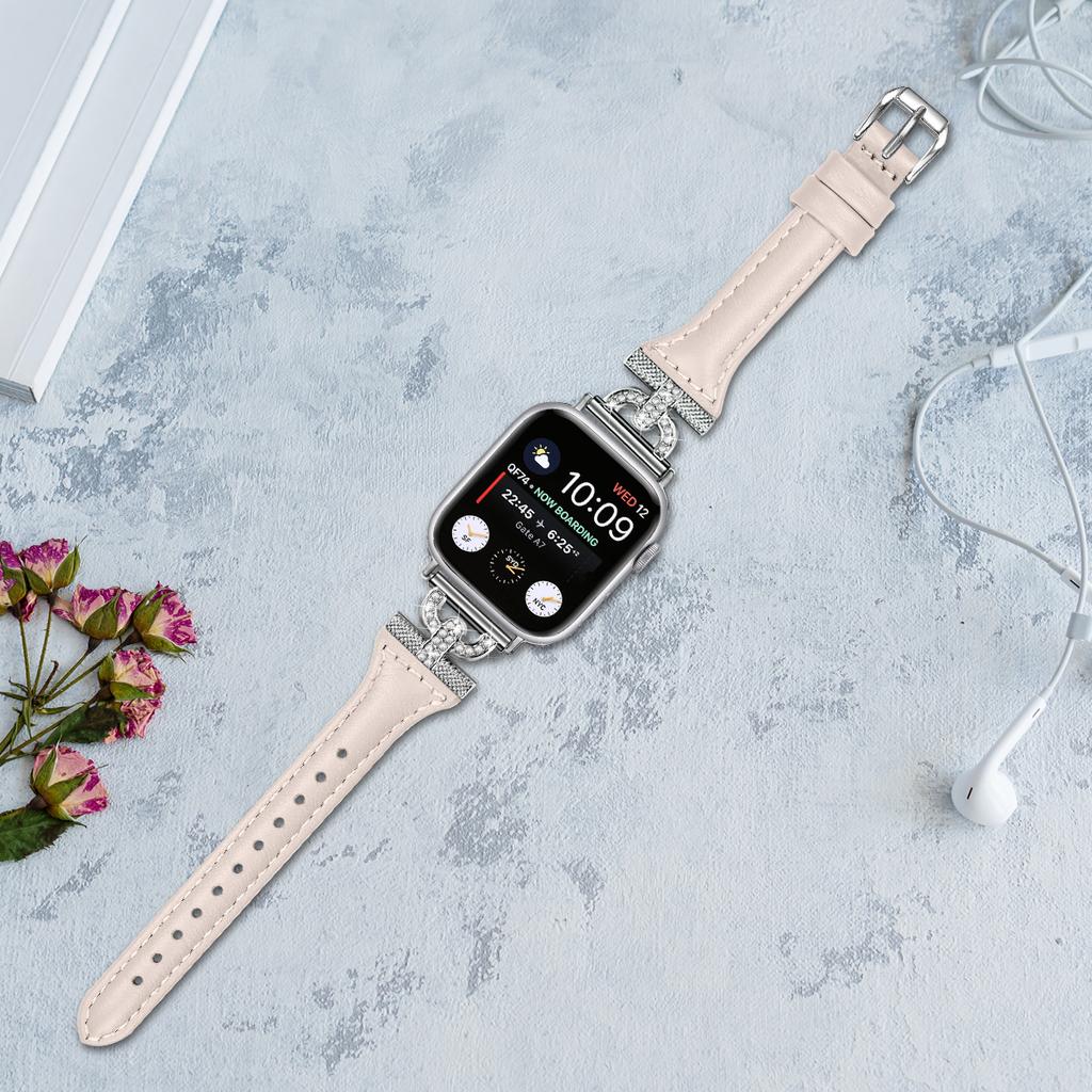 Genuine Cow Watch Band for Apple Watch Series 10 42mm/9 8 7 41mm/SE (2023) SE (2022) SE 6 5 4 40mm/3 2 1 38mm Silver Buckle Rhinestone Decor Strap