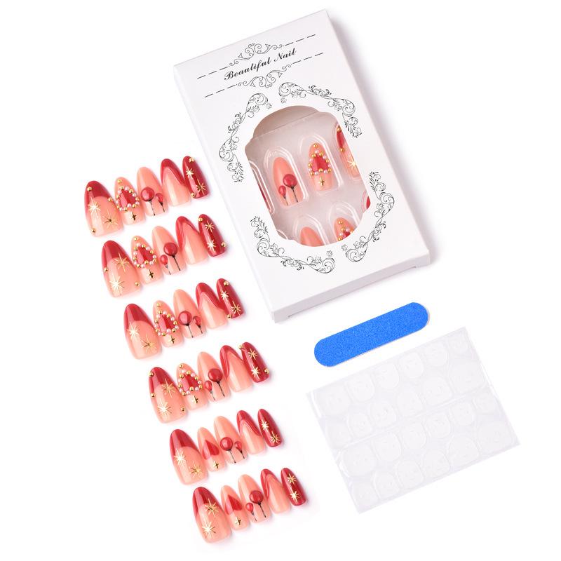 30-Piece Handmade Almond French 3D Heart Star Valentine's Day Wearable Nail Art
