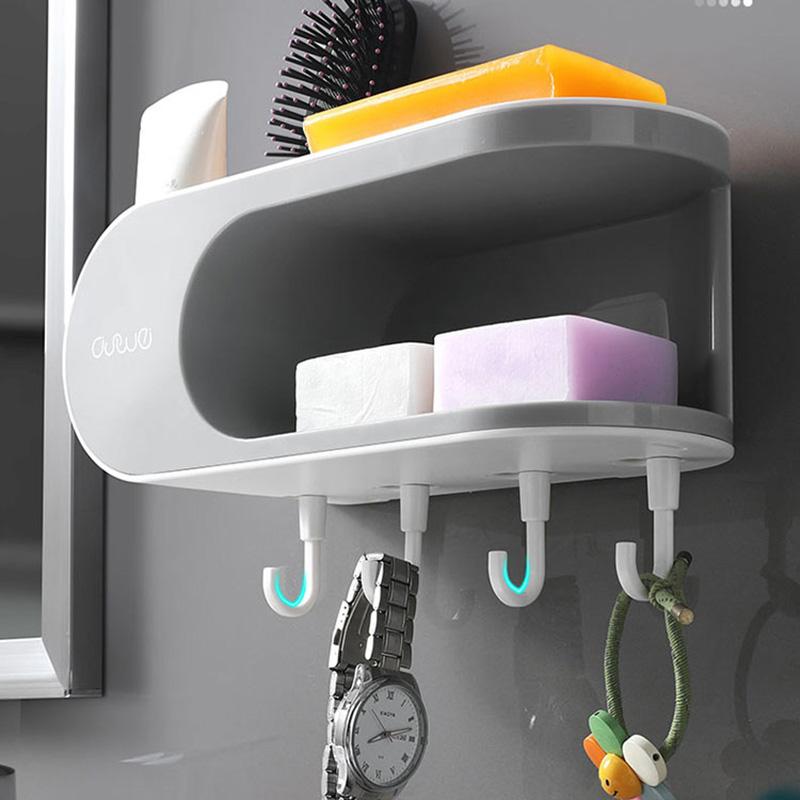 MENGNI Drainer Soap Dish for Bathroom Multifunction Soap Holder with Hooks Organizer Punch-free Storage Box Bathroom Accessories