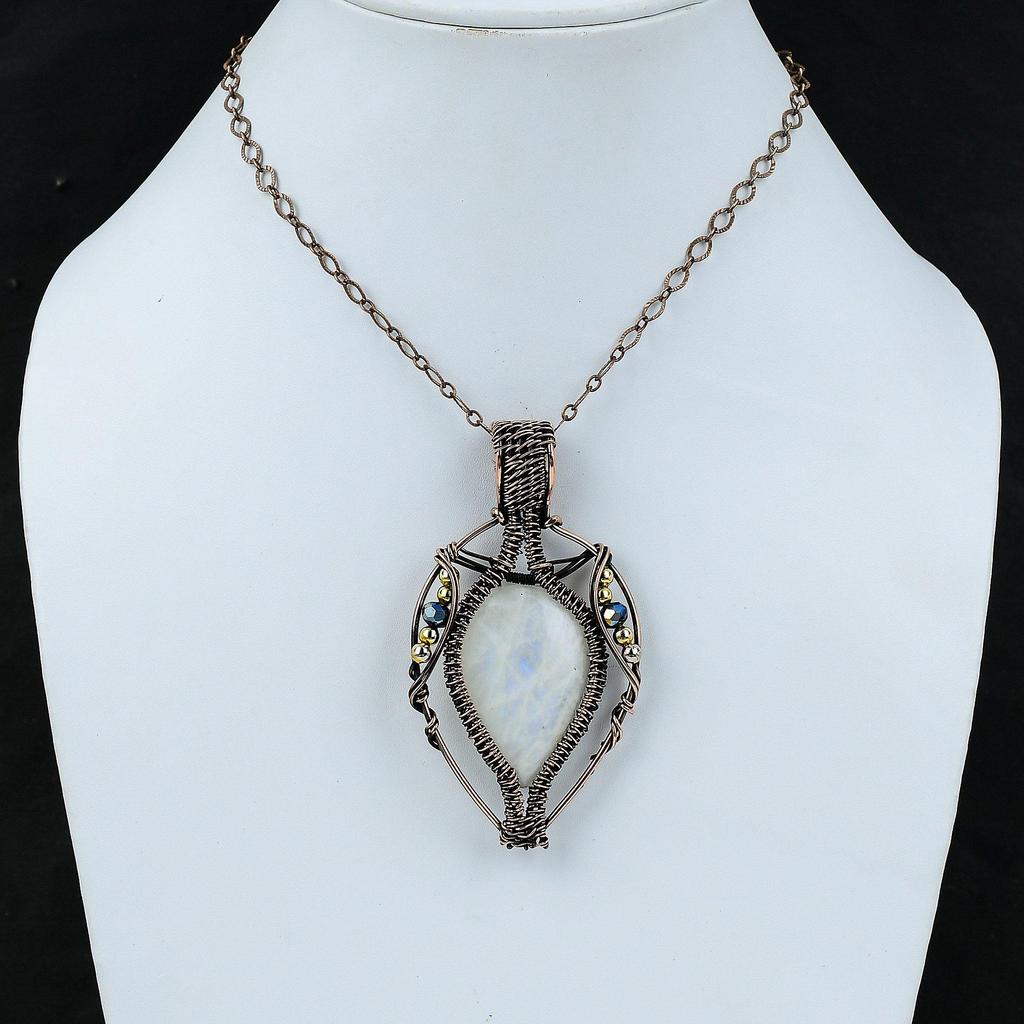 Rainbow Moonstone Pendant Copper Wire Wrapped Pendant Gemstone Handmade Pendant Titanium Beads Pendant Gift For Mom Copper Wire Wrap Jewelry