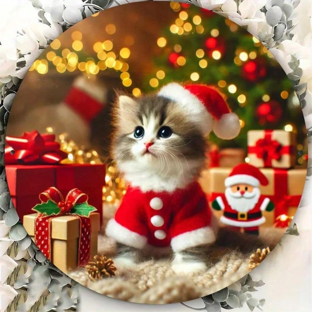 Christmas Kitten Santa Hat Metal Tin Sign 8x8 Inch Round Wall Decor For Home Cafe Restaurant Bar Holiday Gift