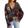 Women's Fashion Long Sleeve Print V-Neck Button Loose Cardigan Top