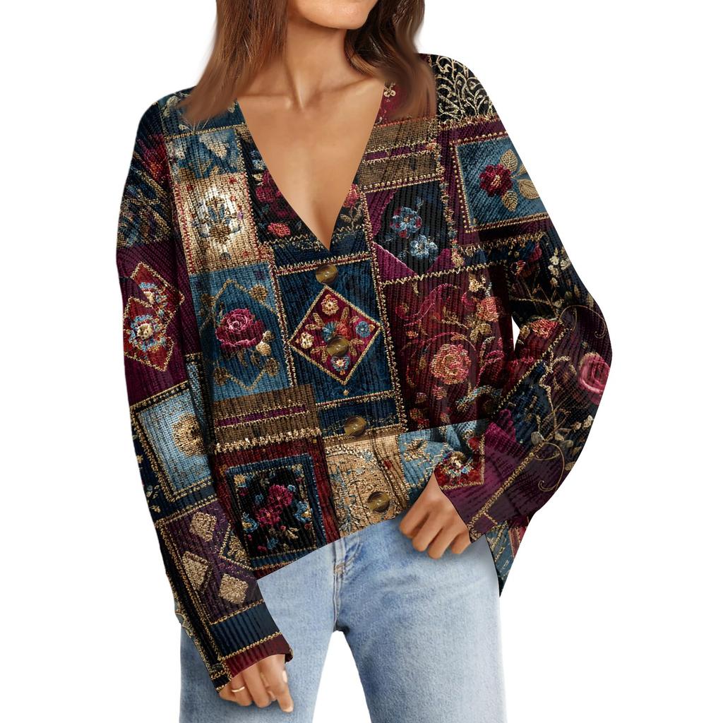 Women's Fashion Long Sleeve Print V-Neck Button Loose Cardigan Top