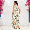 Women Plus Size Notch Neck Sleeveless Floral Printed A Line Long Dress With Side Pockets