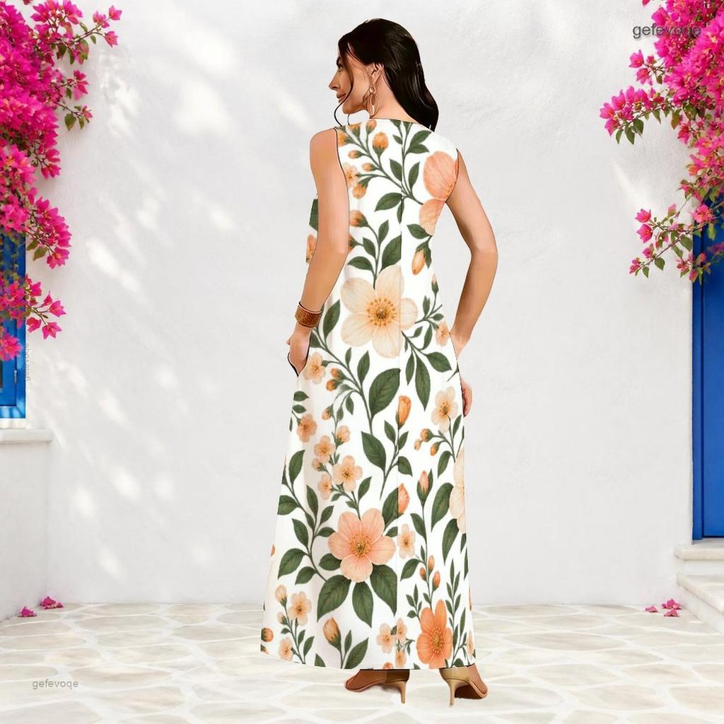 Women Plus Size Notch Neck Sleeveless Floral Printed A Line Long Dress With Side Pockets