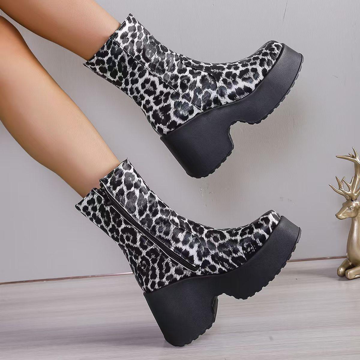 

Fashion 2025 New Boots Leopard Thick High Heels Round Toe Platform Ankle Shoes Punk Goth Fashion Luxury Casual Comfy Platform Wome Boot 42 білий