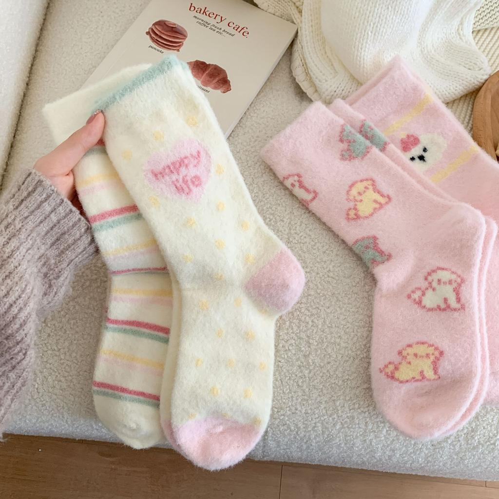 Pink Australian Fleece Socks Thickened Warm Socks Cartoon Striped Cute Plush Floor Socks