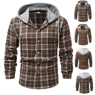 Men's Plaid Long Sleeve Shirt Men's Pocket Button Hooded Sweatshirt