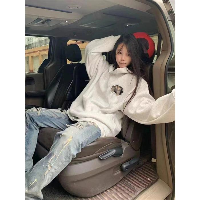 American trendy brand fun cat hooded sweater male and female loose student cute velvet jacket