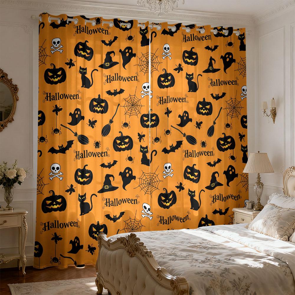2pcs Halloween-themed printed curtains for bedroom decoration, providing privacy and adding a stylish touch to your home dco