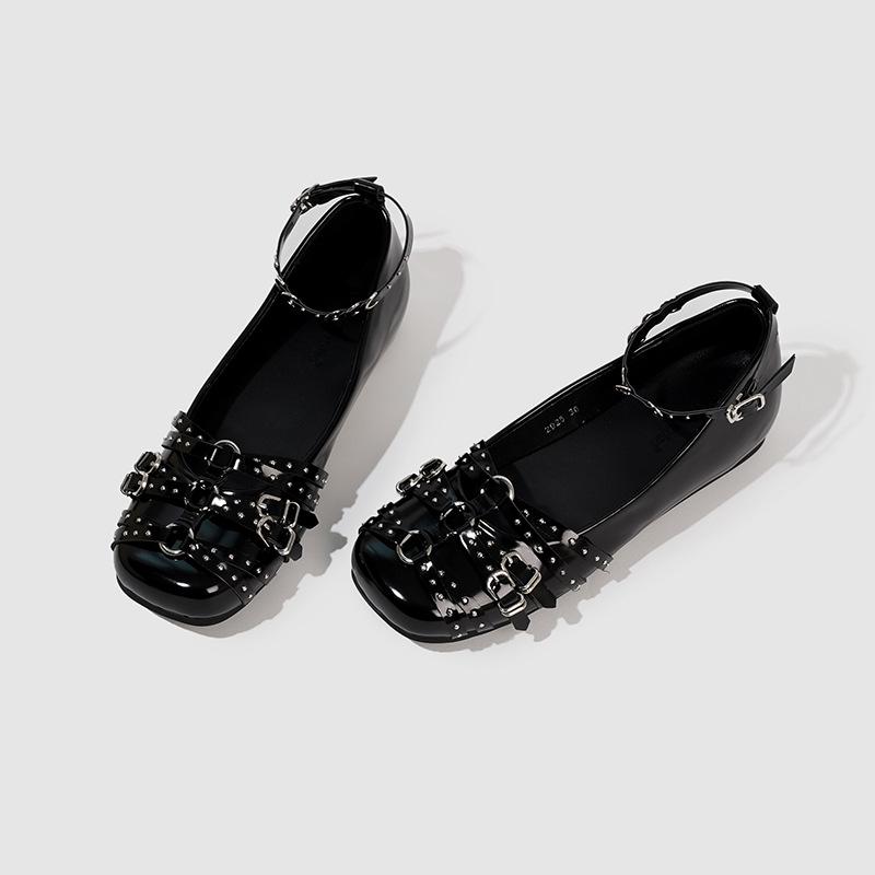 Ballet flats women's spring new leather retro single shoes inner height increase rivet shallow mouth Mary Jane shoes