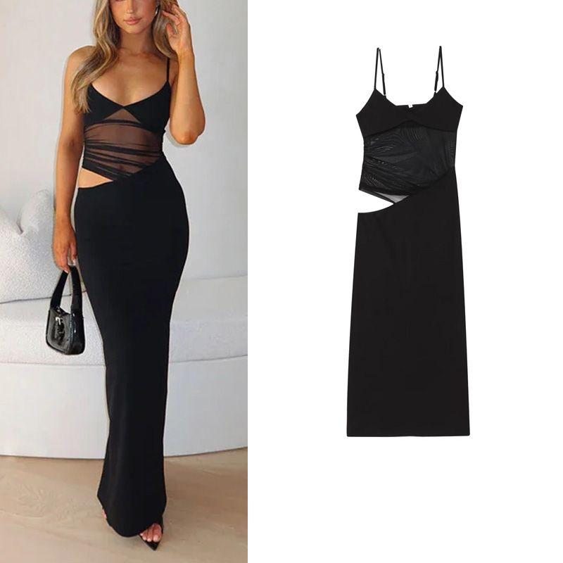 Spring and Summer New Women's Clothing Sexy Style Square Collar Sleeveless Hollow High Waist Sling A- line Long Sheath Dress