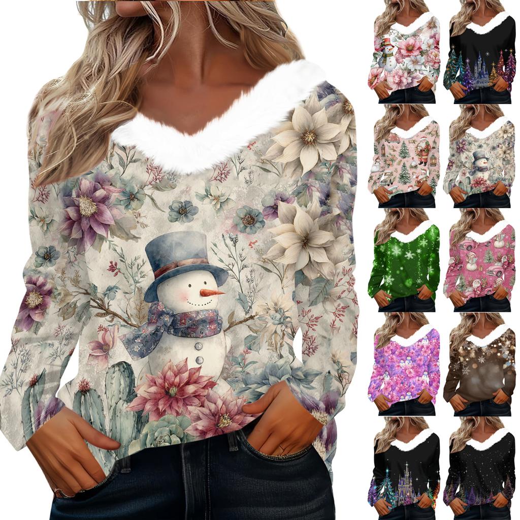 Long Sleeve Shirts For Women Cute Tops Christmas Prints Tees Blouses Casual Plus Size Basic Tops Pullover