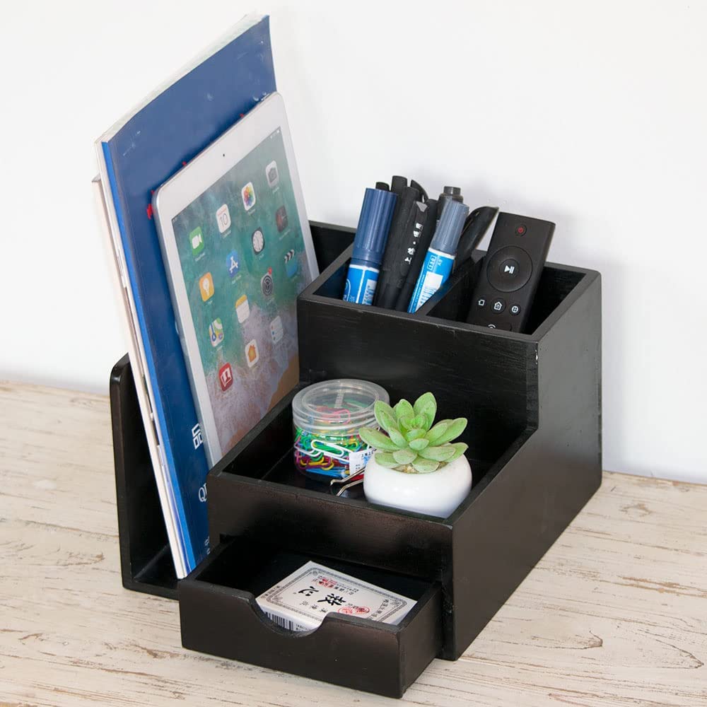 Juleduo Wooden Desktop Storage Organizer with Pen and Remote Control Rack Drawers, Bookshelf, Holder, (Black)