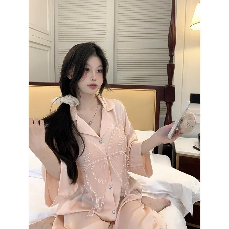 Sexy Pajamas Women's Ice Silk Shirt Skirt Pure Wind Can Be Worn Outside Cardigan Butterfly Silk Real Shot Loungewear