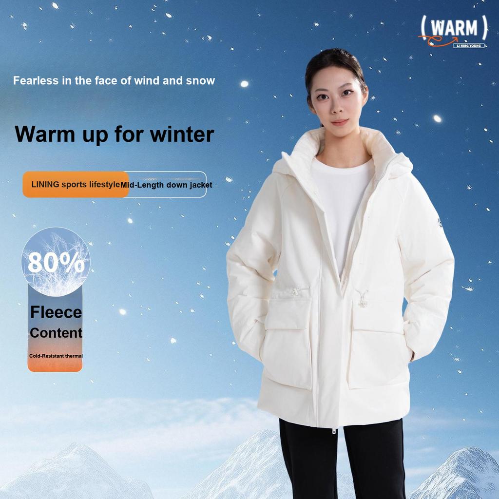 Li-Ning Warm Solid Color Hooded Casual Versatile Mid-Length Down Jacket Women outerwear AYMV296-4