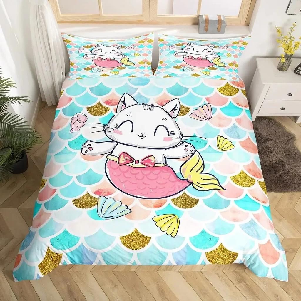 Rainbow Cartoon Cat Colorful Mermaid Comfortable Duvet Cover Pillowcase Bedding Set Children Bedroom Decoration Home Textile