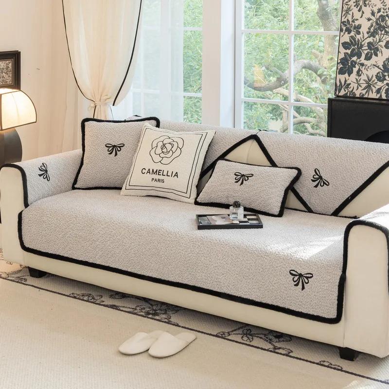 

New Plush Bow Sofa Cushion Sweet Solid Color Straight Row Leather Sofa Cover Cloth Winter Non-Slip Cushion Cover Cloth Towel 70x70cm 1pcs сірий