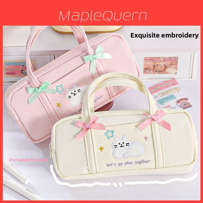 Cute Bowknot Cat Pencil Case With Embroidery For Girls And Students