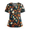 Women's V Neck Short Sleeve Medical Scrub Top with Double Pockets Side Slit Hem Halloween Print Nurse Uniform Shirt