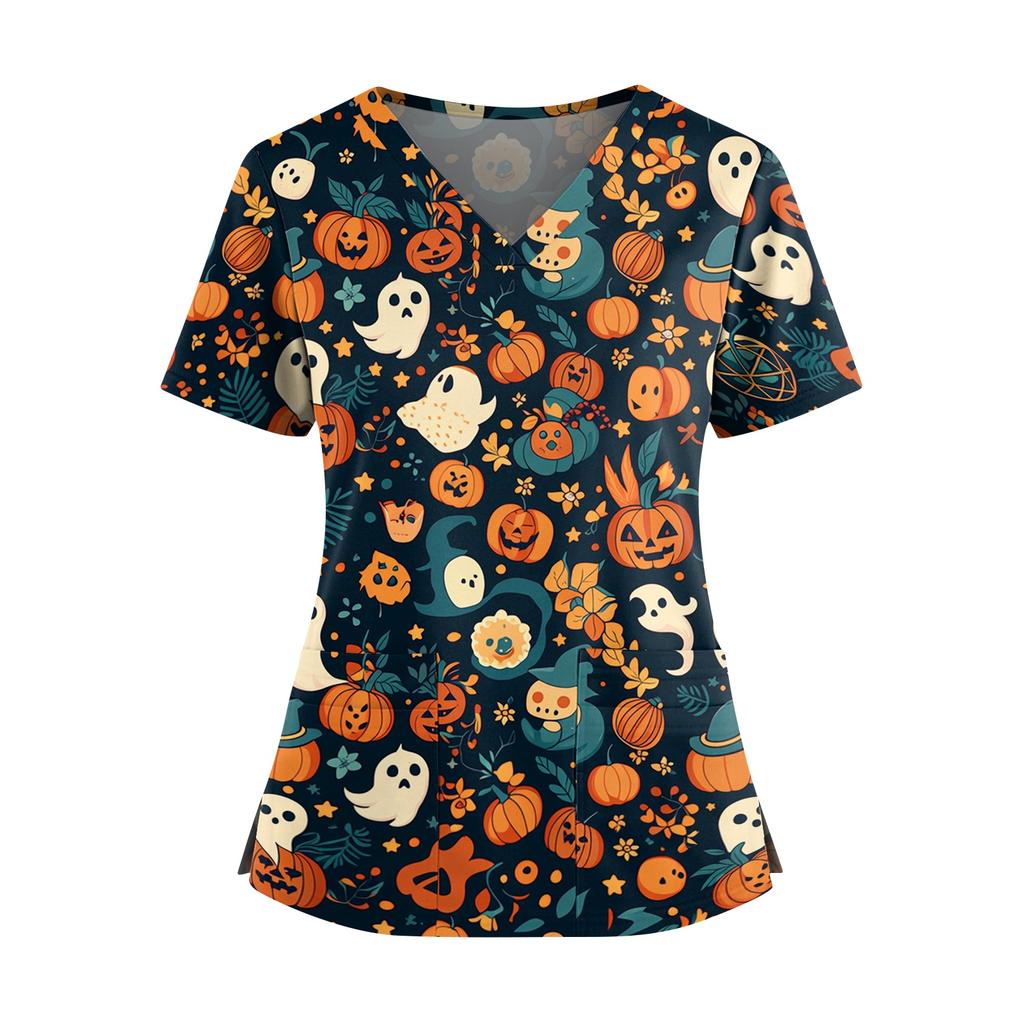 Women's V Neck Short Sleeve Medical Scrub Top with Double Pockets Side Slit Hem Halloween Print Nurse Uniform Shirt