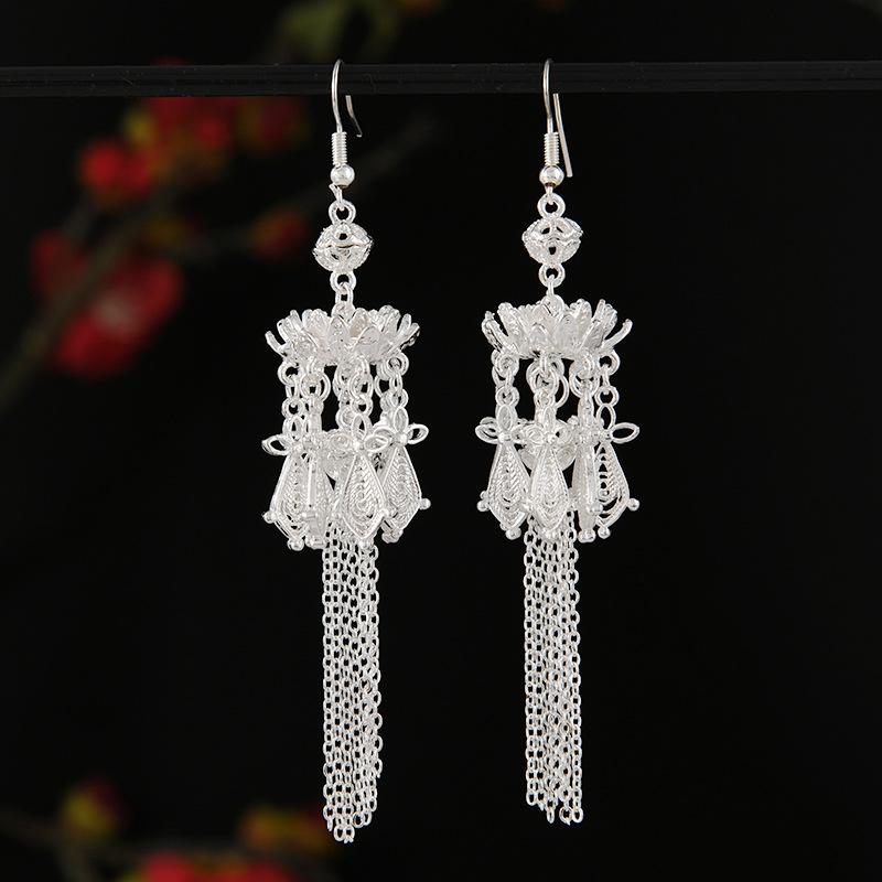 Cold Miao Silver Earrings Lotus Butterfly Long Fringed Niche Design Women's Earrings