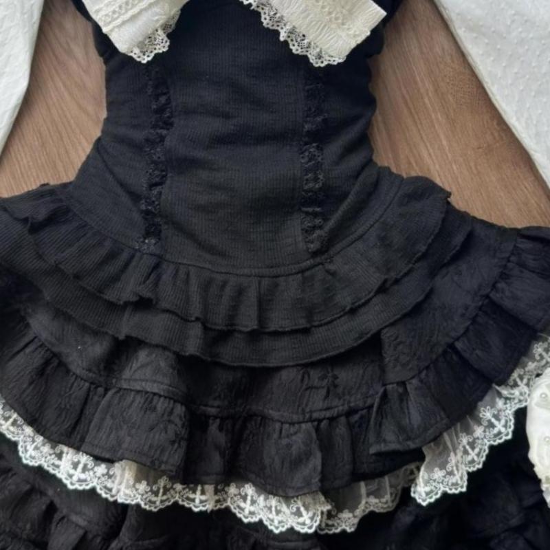 Podzimní Zima Módní Mašle 3dílná sada Dámské Retro Sladká košile s dlouhým rukávem Tenký šátek + Elegantní krajkový oblek Krátká sukně s vysokým pasem Nové