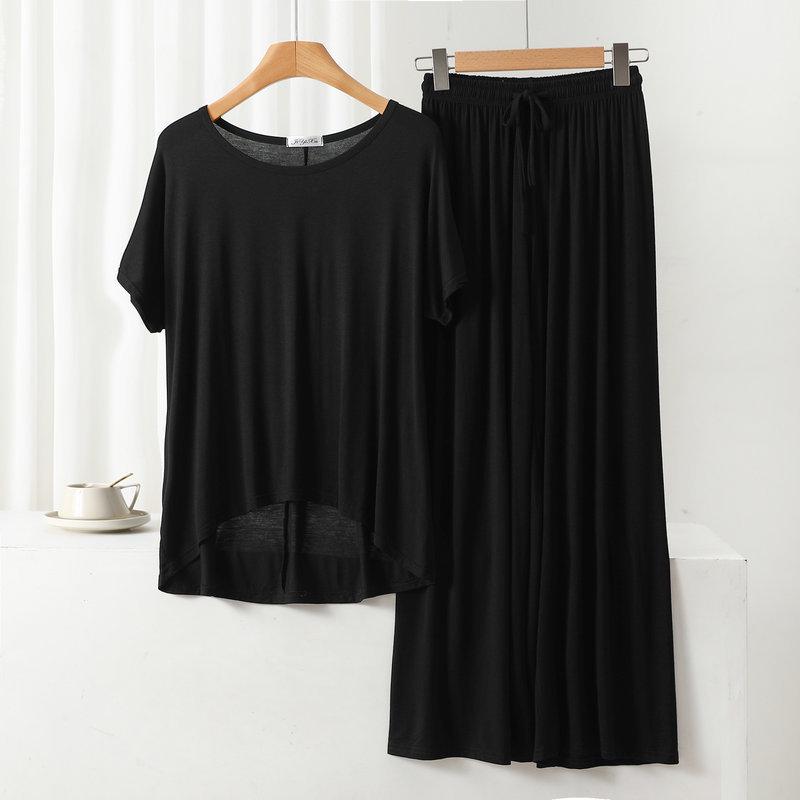 Damen Übergröße Freizeit-Pyjama-Set: Modal Rundhals Kurzarm Oberteil & Weitbeinige Hose