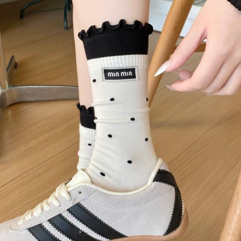 Chaussettes Mi-Mollet à Pois et Dentelle pour Femmes, Style Collège, Début d'Automne