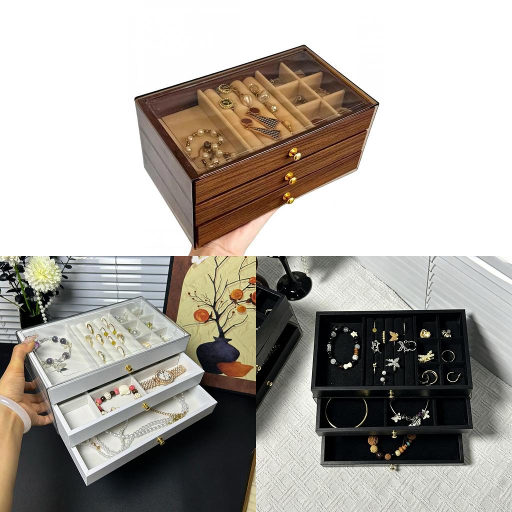 Large Capacity Walnut Wood Pattern Jewelry Box With Multiple Layers For Gift And Travel Storage