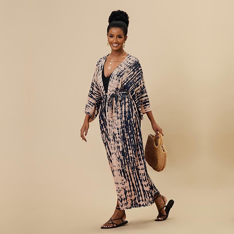 

EDOLYNSA богемное платье с галстуком-красителем в полоску, накидки на бикини, длинная туника, сексуальное платье-кимоно, женское пляжное платье больших размеров, купальный костюм, накидка Q1314 One size абрикосовый