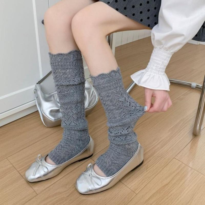 Thin, Hollowed-out Fishing Net Calf Socks for Slimming, Long Knitted Sock Sets, Mid-calf Socks, Sweet and Versatile White Socks