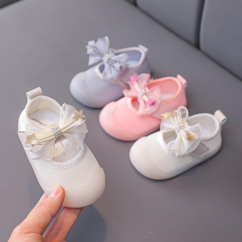 Baby Girls' Cute Bow Anti-Kick Walking Shoes & Flats, Spring New Arrivals Korean-style Breathable Soft-Sole Princess Shoes.