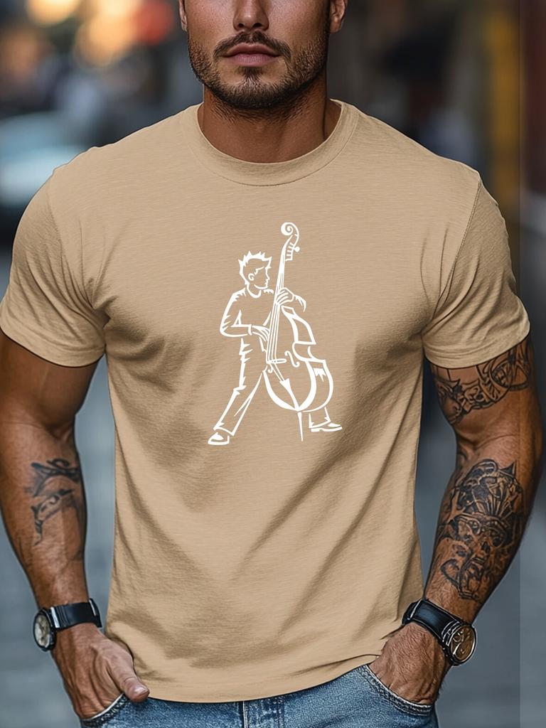 Unisex Black Crew Neck Tee White Line Art Rock Musician Playing Double Bass Upright Cello Jazz Band Performer Soft Cotton Male Tops