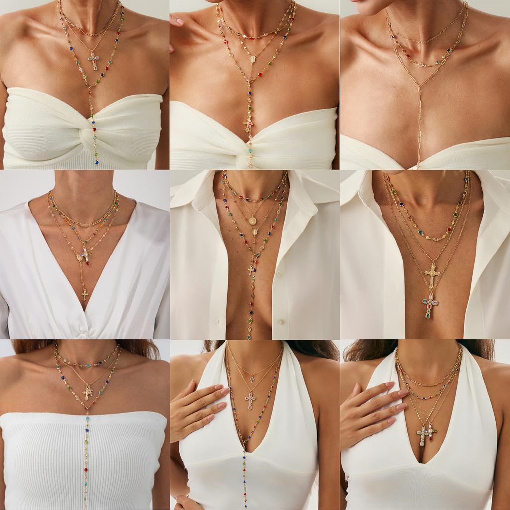 European and American Sense Y-shaped Fringed Necklace Women, Creative Color Double-layer Cross Pendant Collarbone Chain Necklace