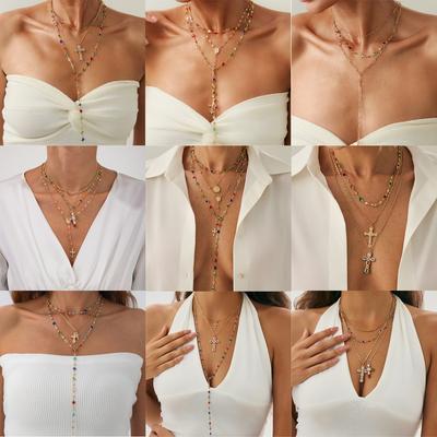 Ευρωπαϊκή και Αμερικανική Αίσθηση Κολιέ με Κρόσσια σε Σχήμα Υ Γυναικείο, Δημιουργικό Χρώμα Διπλό Κολιέ Αλυσίδα Κλείδας με Σταυρό