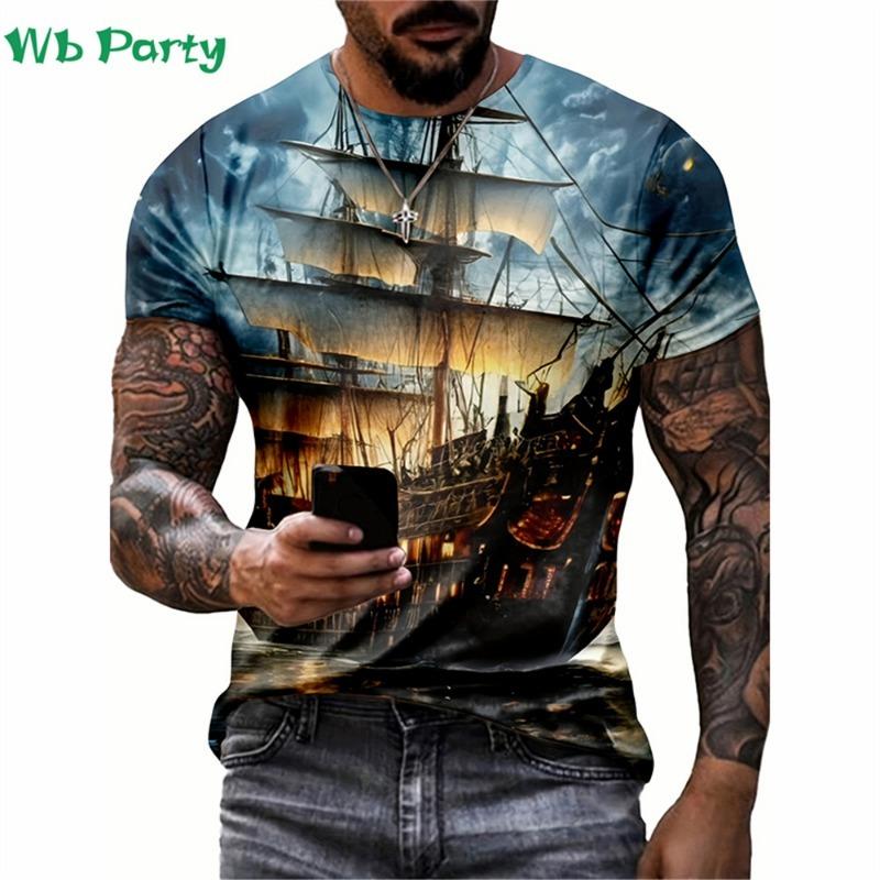 Pattern Print Mens Clothing T Shirt for Men Short Sleeve Tee Gym Clothing Men Male T-shirt Pirate Ship Print Clothes