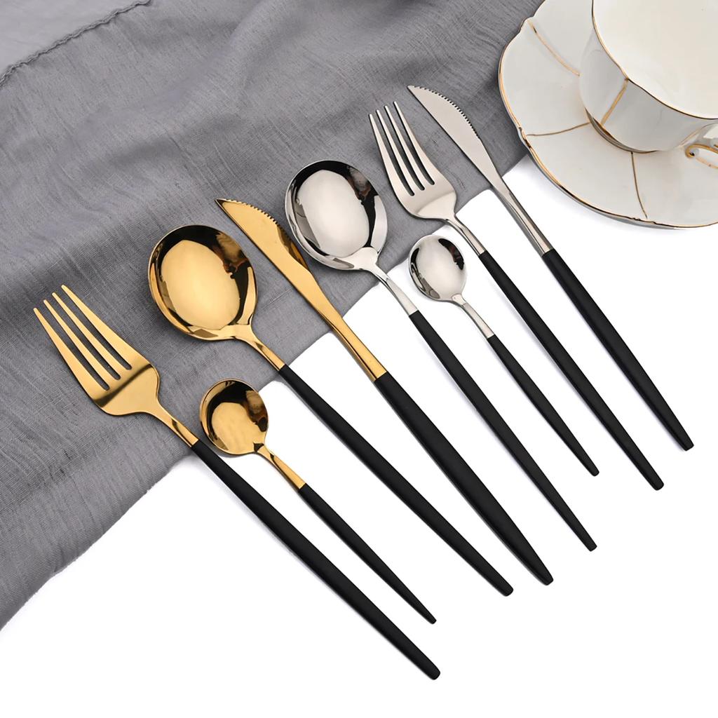24pcs Flatware Set Stainless Steel Luxe Golden Cutlery Set Mirror Polished, Dishwasher Safe, Includes Knives Forks & Spoons