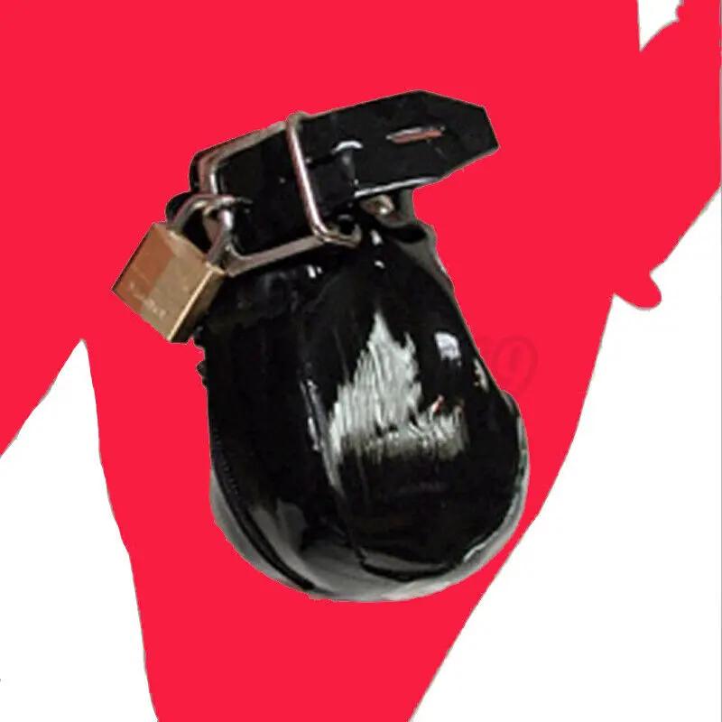 Manyjoy Lackleder Ball Keuschheitsvogelkäfig Penis Hülle Hoden Sack Keuschheitskäfig mit Schloss Lätzchen Männlich Sexspielzeug für Männer