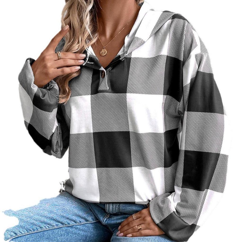 New Women's Oversized Hooded Plaid Print Casual Sweatshirt Long Sleeve Autumn Winter Button
