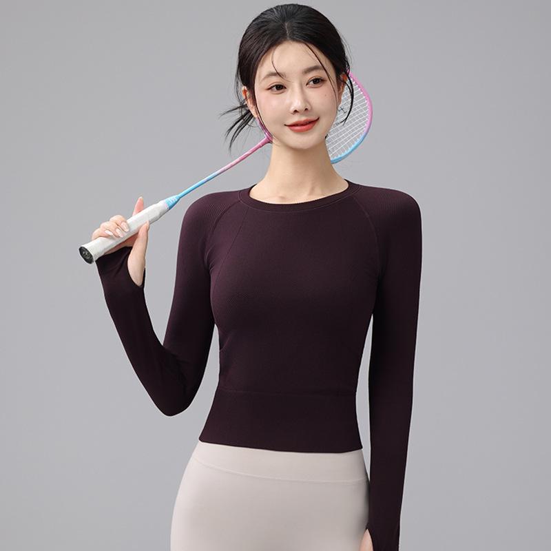 Women's Seamless Slimming Round Neck Long Sleeve Yoga Top - Breathable, Waist-Cinching Fitness Wear for Autumn and Winter